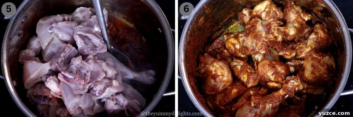 Authentic Indonesian Chicken Rendang Recipe — Rendang Ayam Made Right 9 collage image of 2 steps showing addition of chicken and stir-frying it with spice paste.