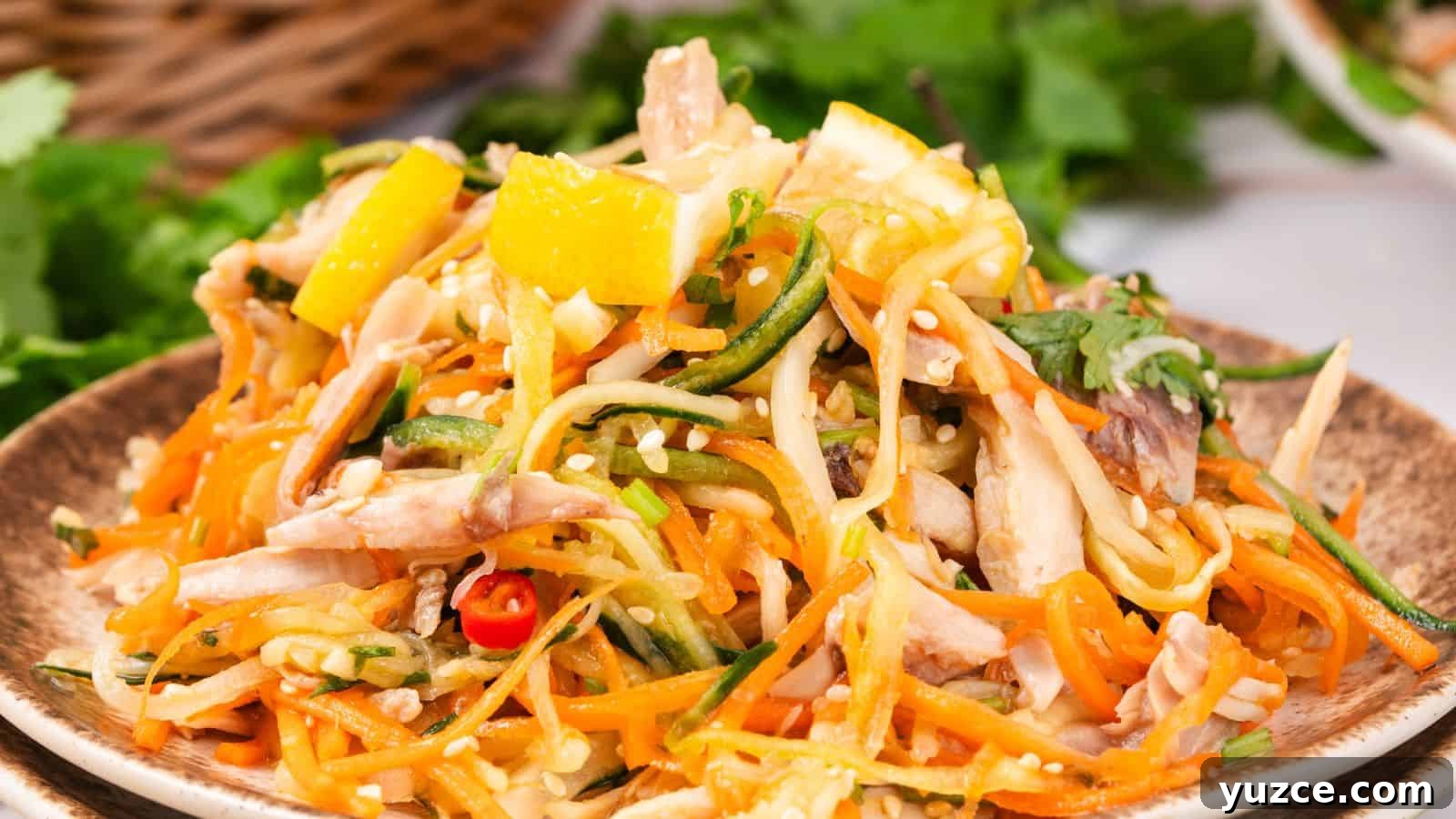 A colorful salad with shredded carrots, zucchini, chicken, orange slices, and sesame seeds on a brown plate, garnished with fresh herbs.