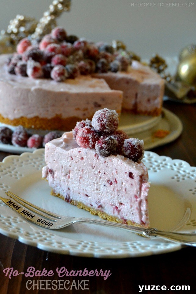 no-bake cranberry cheesecake on white plate with silver fork