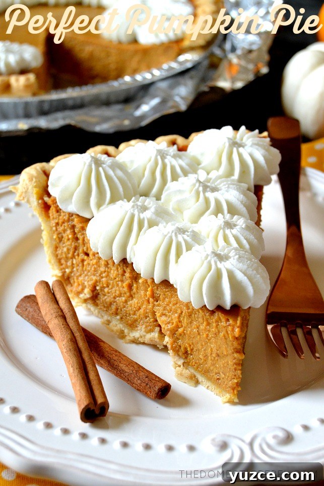 pumpkin pie slice on white plate with cinnamon sticks and fork