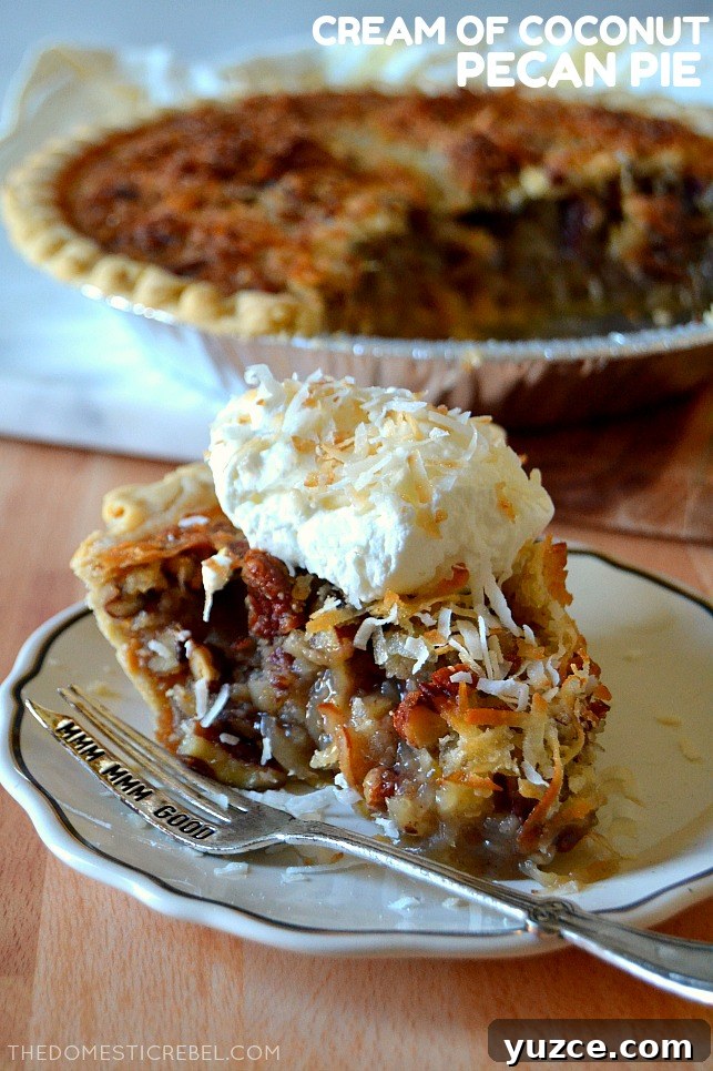 slice of cream of coconut pecan pie on white plate