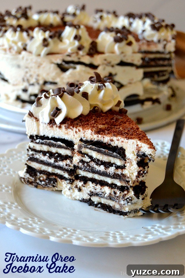 photo of tiramisu oreo icebox cake on white plate