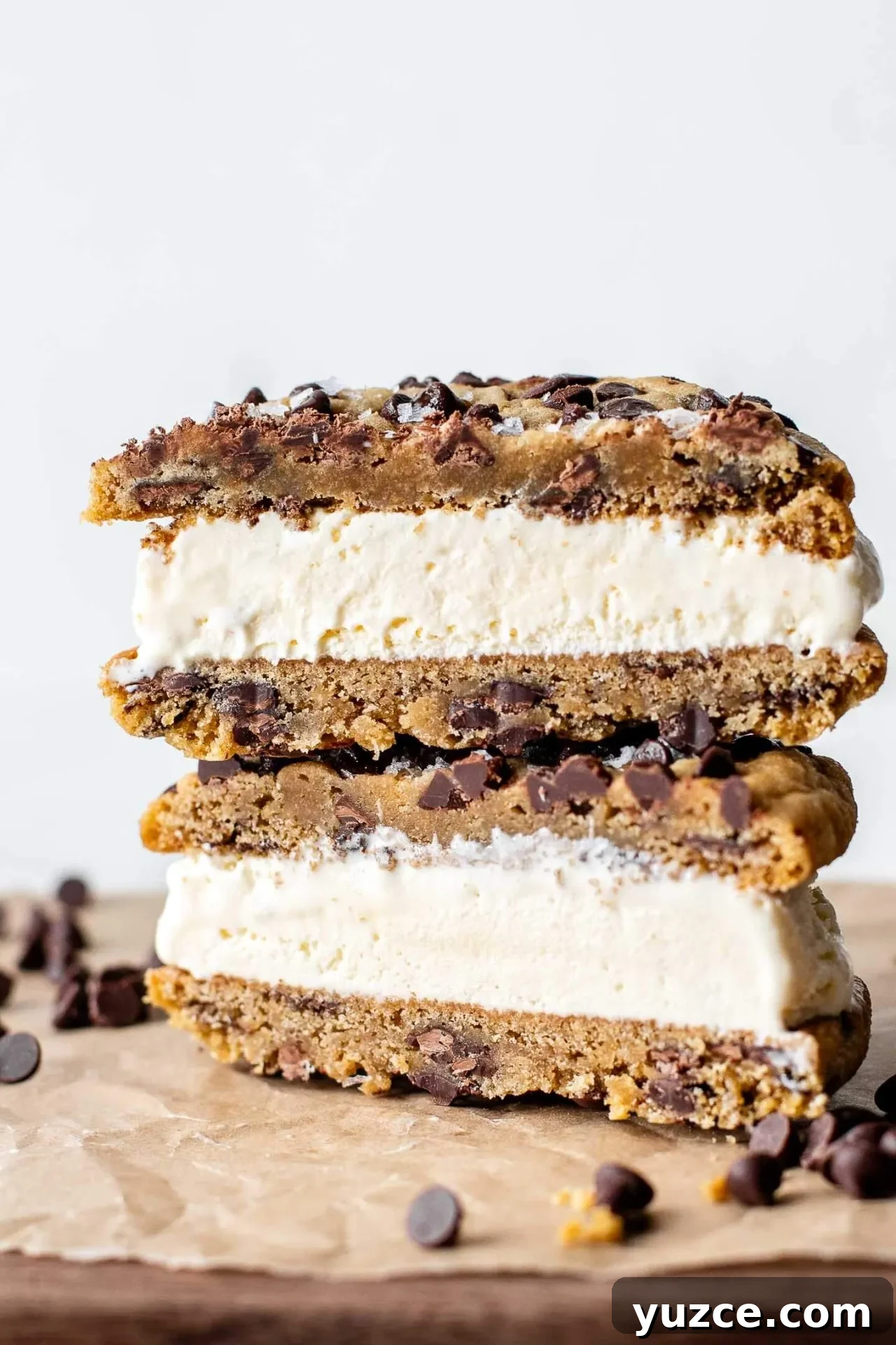 Chocolate Chip Ice Cream Sandwich Cookies Recipe for Homemade Treats 3 chocolate chip cookie ice cream sandwich sliced in half on wooden cutting board