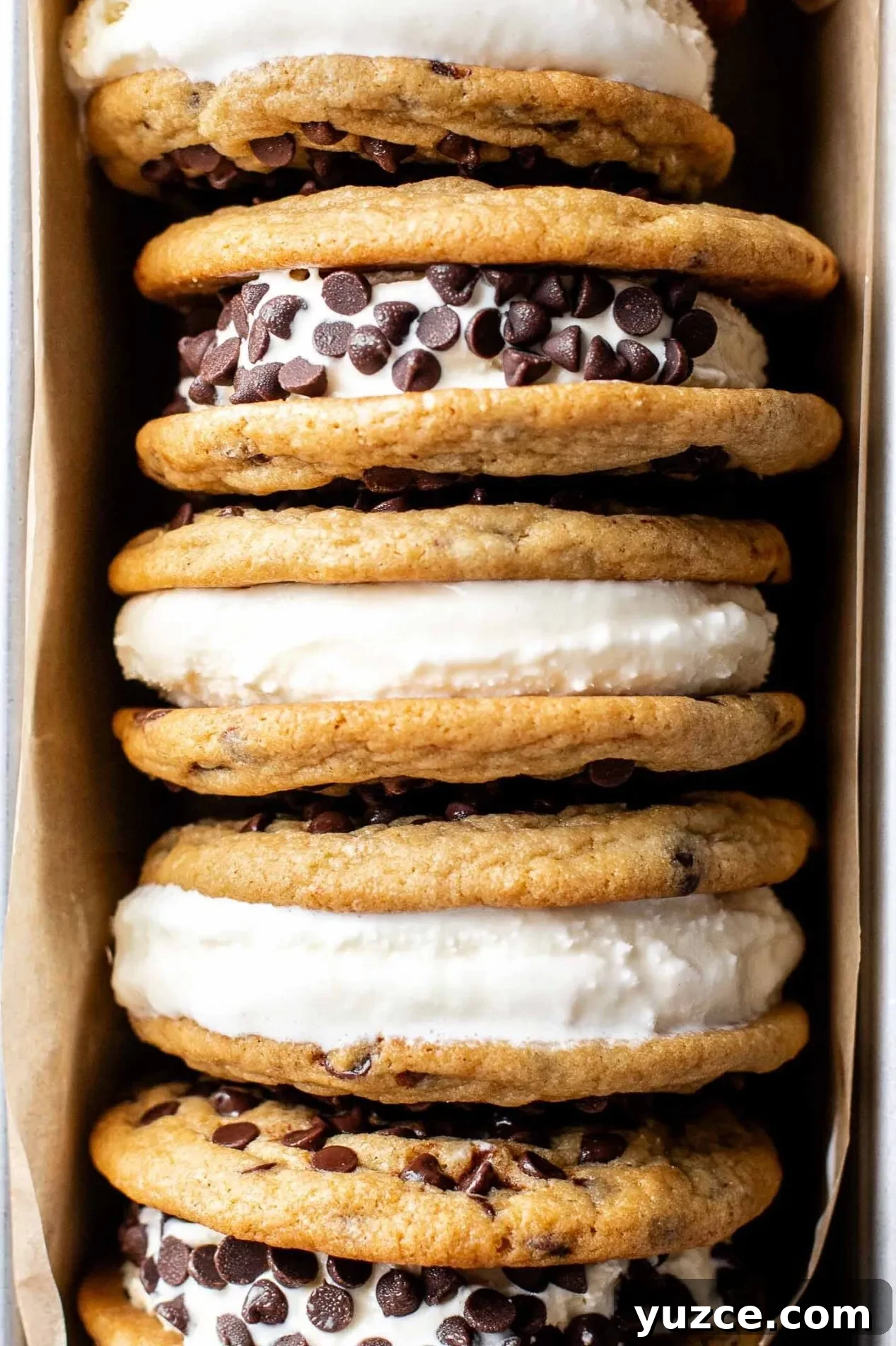 Chocolate Chip Ice Cream Sandwich Cookies Recipe for Homemade Treats 8 chocolate chip cookie ice cream sandwiches arranged in loaf pan