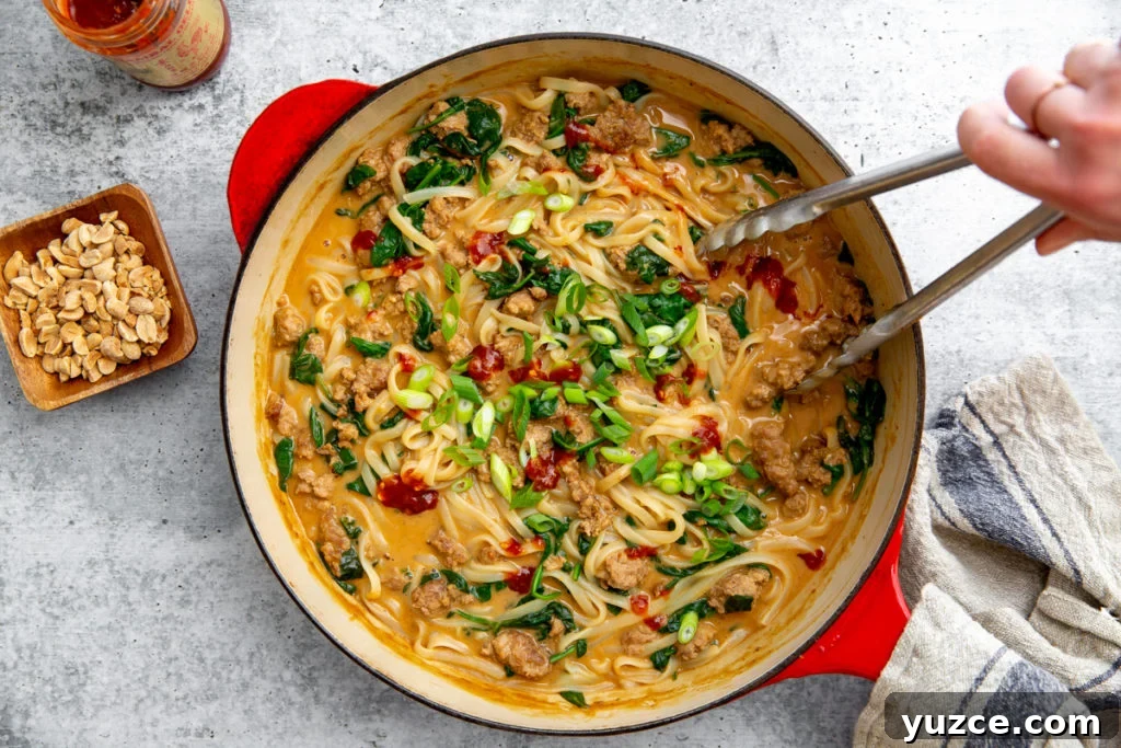 Spicy Peanut Pork Noodles (Gluten-Free, Ready in Minutes) 11 The finished peanut pork noodles in a large skillet with tongs.