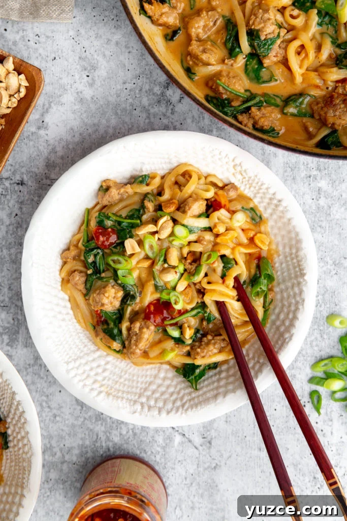 Spicy Peanut Pork Noodles (Gluten-Free, Ready in Minutes) 12 The pork noodles in a serving bowl with chopsticks.