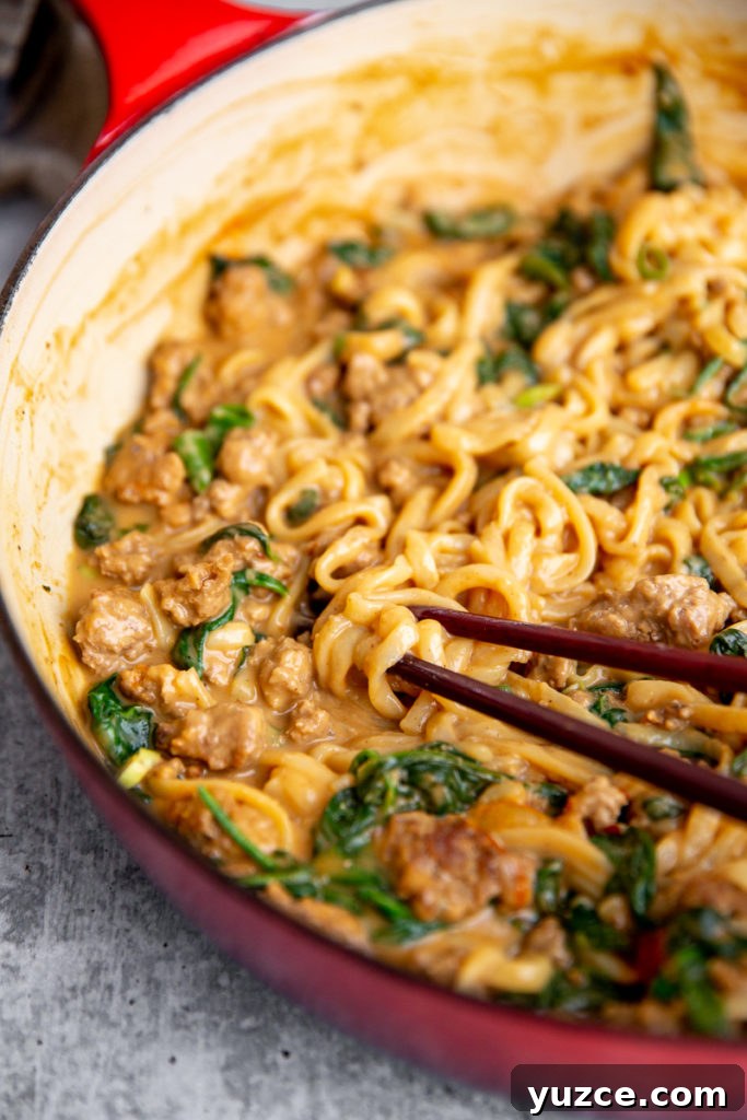 Spicy Peanut Pork Noodles (Gluten-Free, Ready in Minutes) 14 Chopsticks twirling the peanut sauce noodles in a skillet.