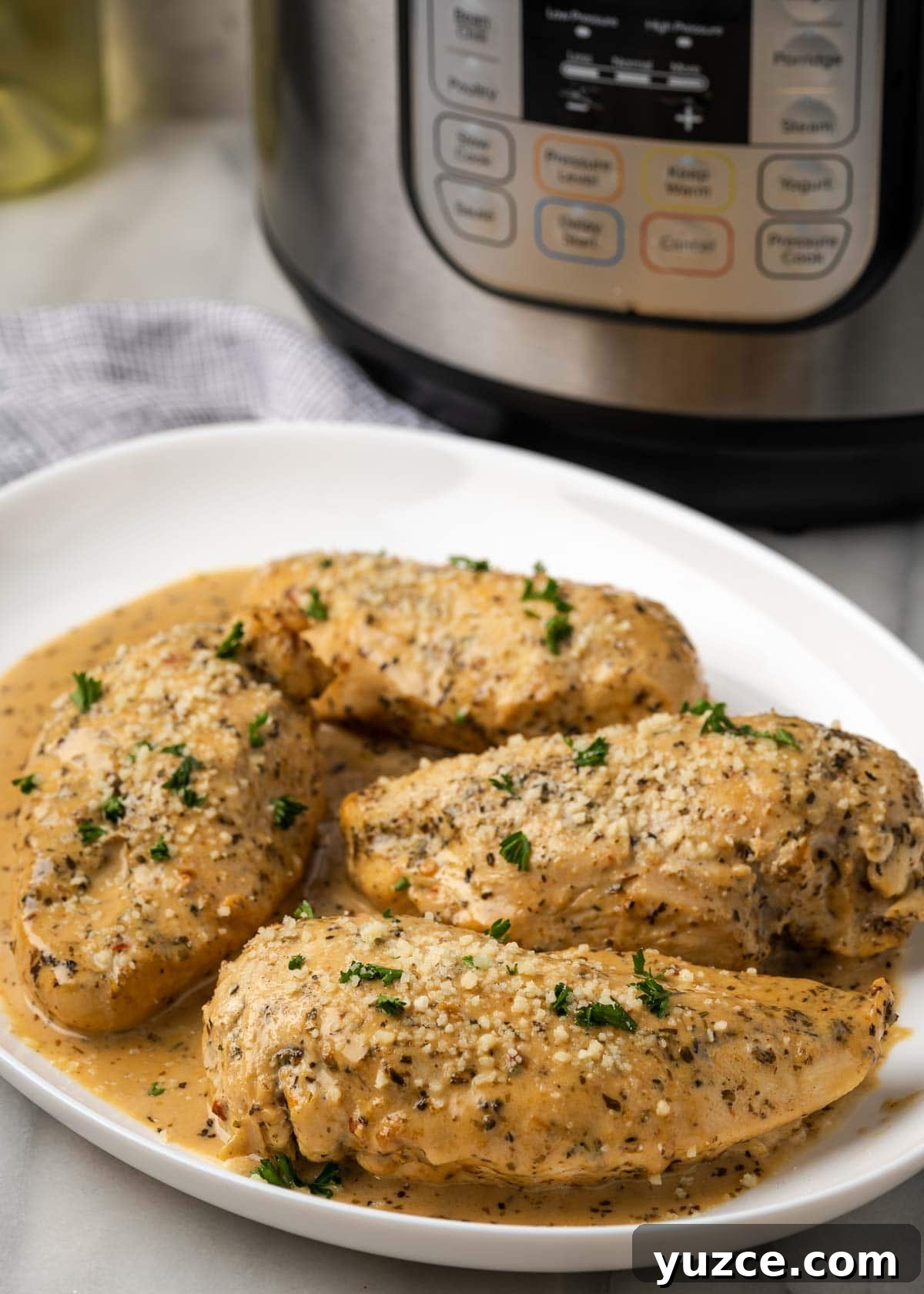 Juicy Instant Pot Chicken Breasts in 15 Minutes 2 tender instant pot chicken breast with a pan sauce on a plate with instant pot in background