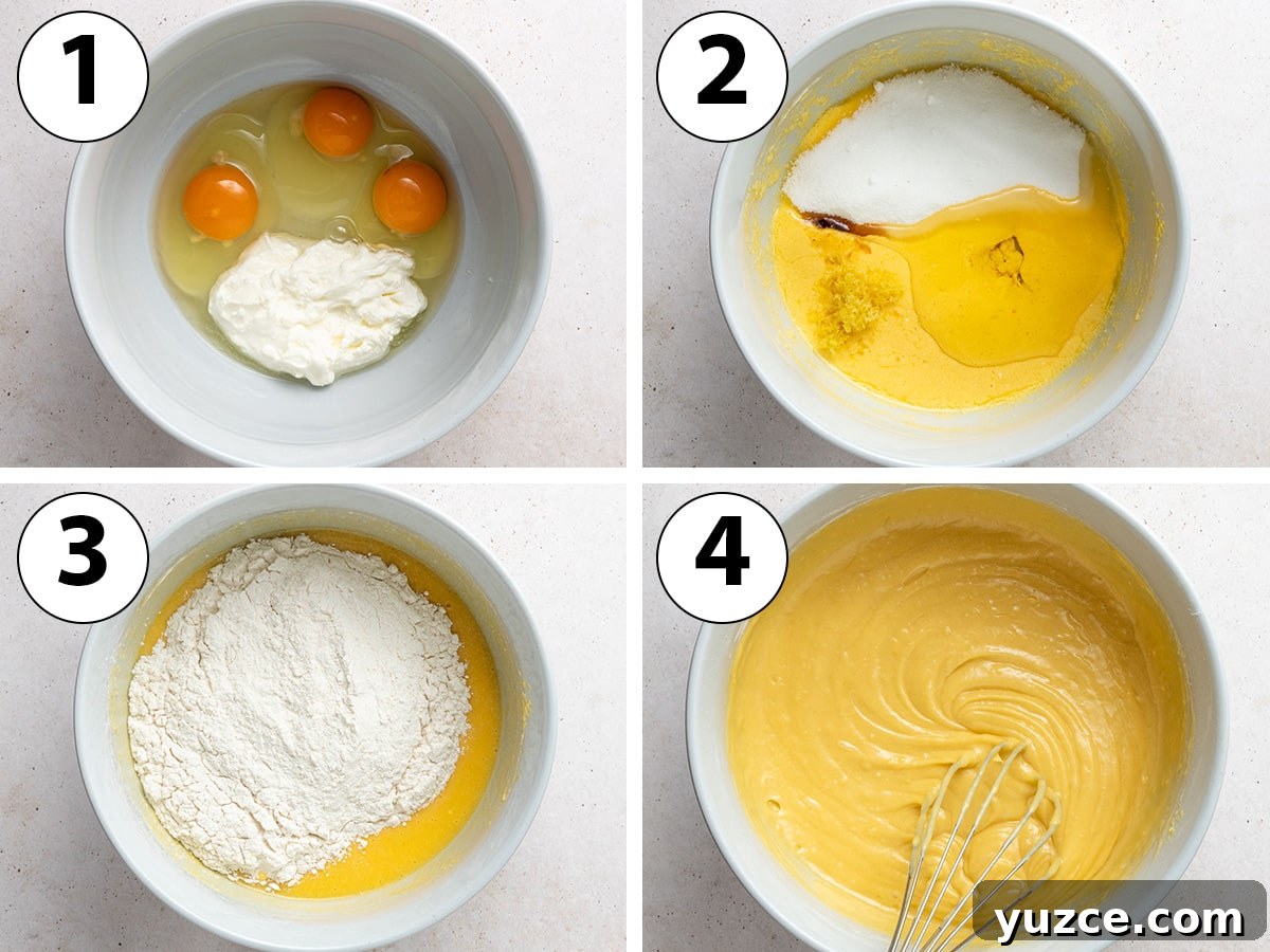 Classic French Yogurt Cake (Gâteau au Yaourt) Recipe 5 Process shot collage: mixing all the wet ingredients then adding the dry ingredients.