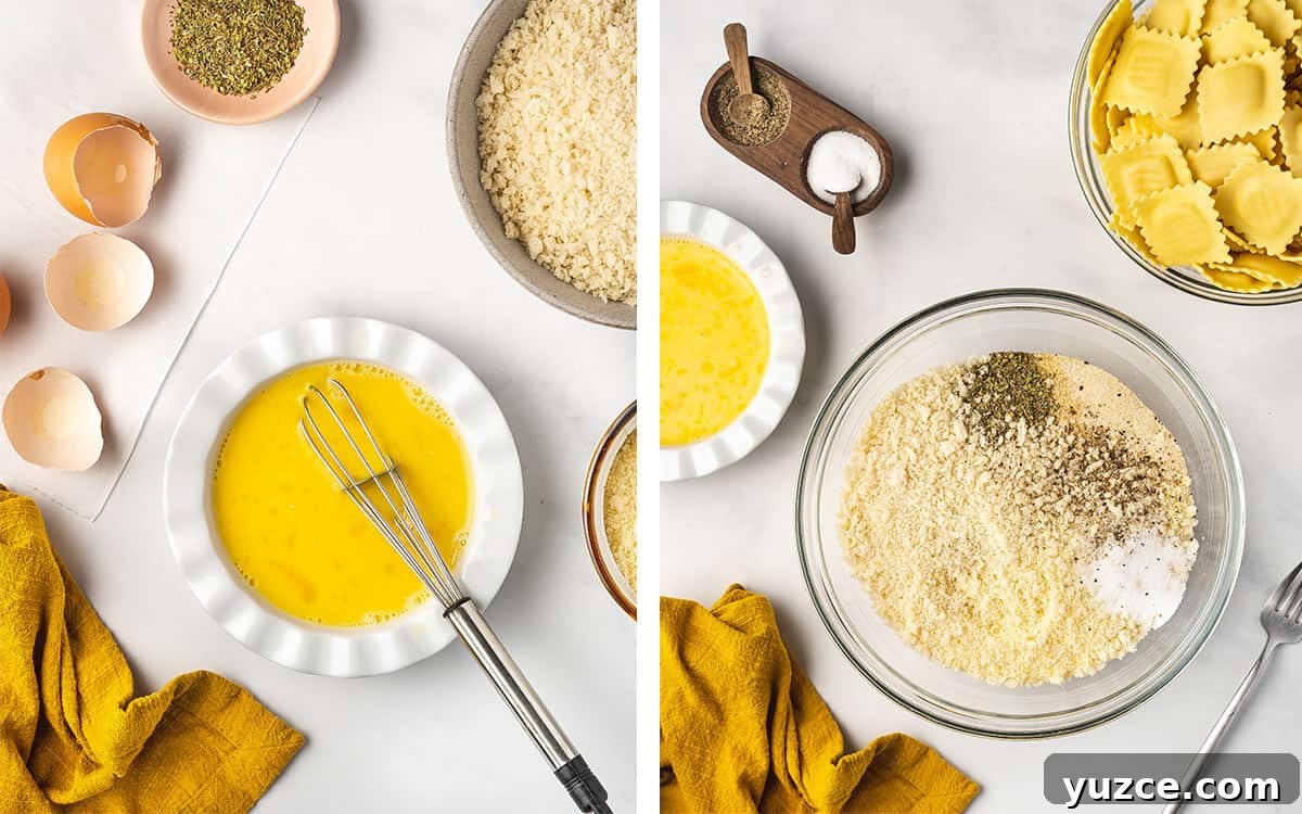 Crispy Air Fryer Ravioli: Quick Homemade Fried Dumplings 4 Set of two photos showing egg wash whisked and crust mixed.