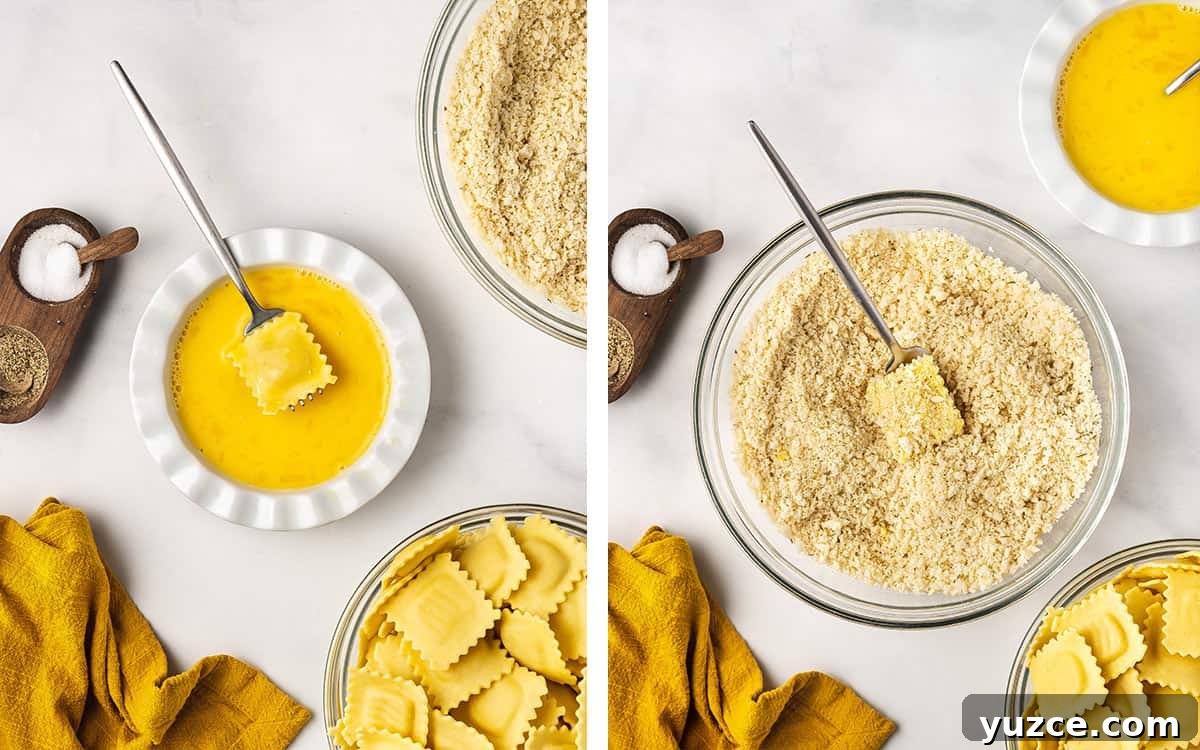 Crispy Air Fryer Ravioli: Quick Homemade Fried Dumplings 5 Set of two photos showing ravioli dipped in egg wash and breadcrumbs.