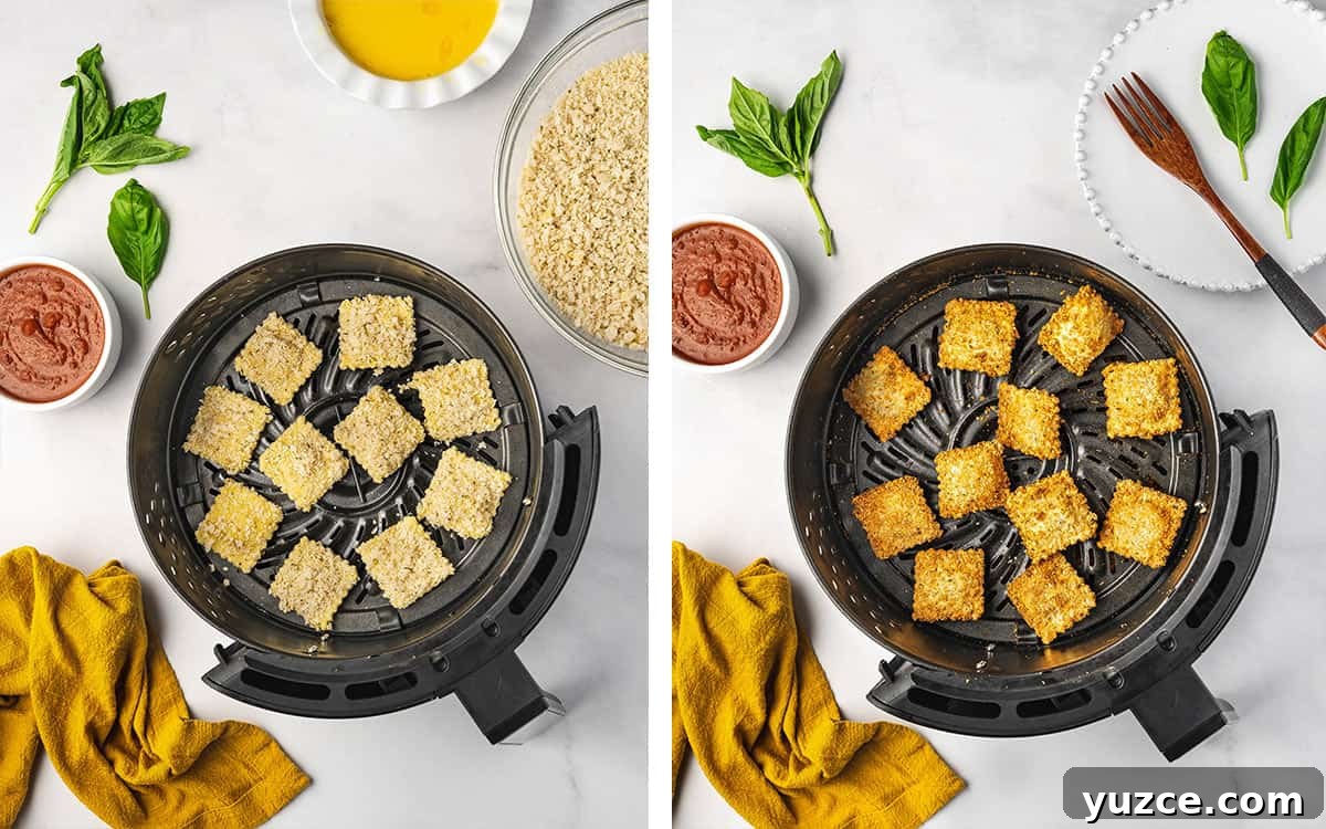 Crispy Air Fryer Ravioli: Quick Homemade Fried Dumplings 6 Set of two photos showing air fryer raviolis before and after air frying.