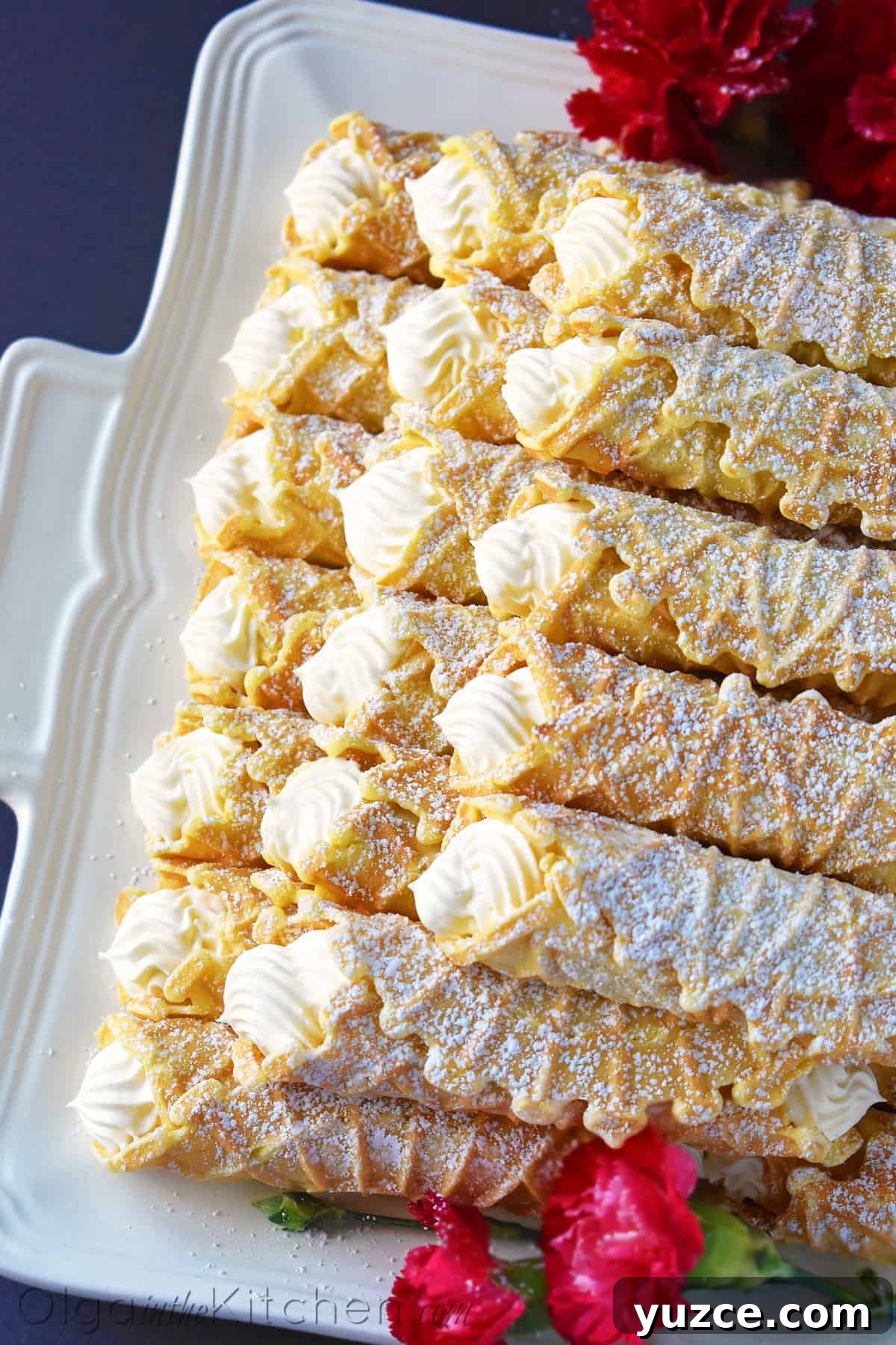 Trubochki: Italian Cream-Filled Pizzelle Cones 2 Cream Filled Pizzelles (trubochki): creamy, elegant and beautifully shaped waffle-like pastry filled with the best condensed milk filling.