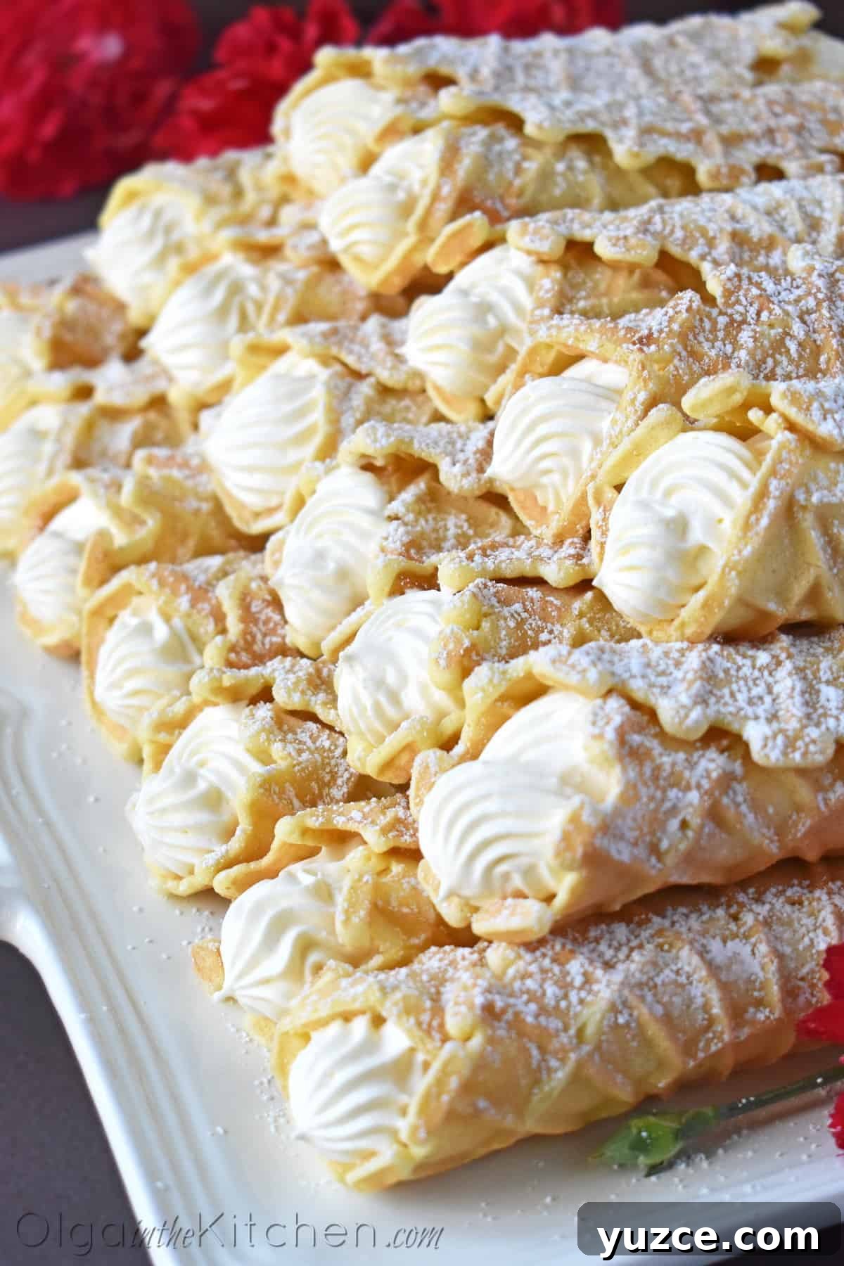 Trubochki: Italian Cream-Filled Pizzelle Cones 8 Cream Filled Pizzelles (trubochki): creamy, elegant and beautifully shaped waffle-like pastry filled with the best condensed milk filling.