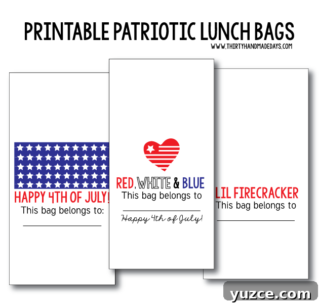 Printable Patriotic Lunch Bag Templates for 4th of July Parties 4 Printable Patriotic Lunch Bags - download and print on lunch bags for the 4th of July! Can be used for lunch/dinner or treats from www.thirtyhandmadedays.com