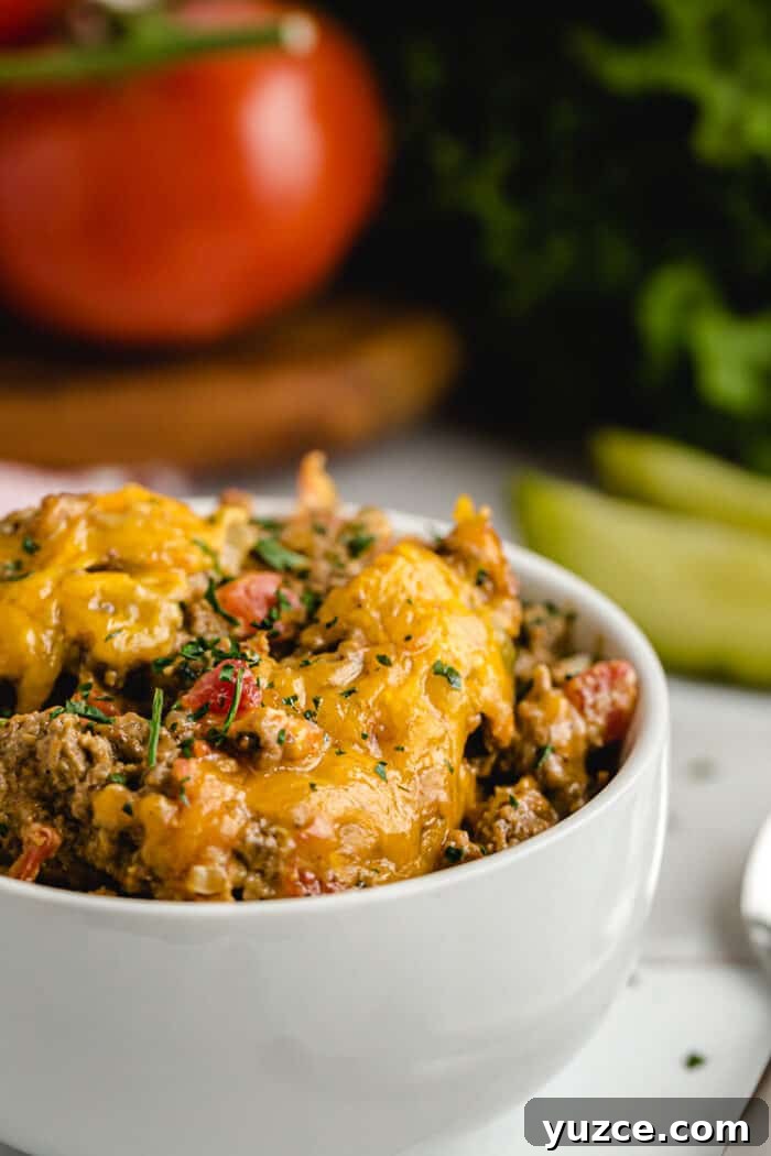 keto cheeseburger casserole in serving bowl