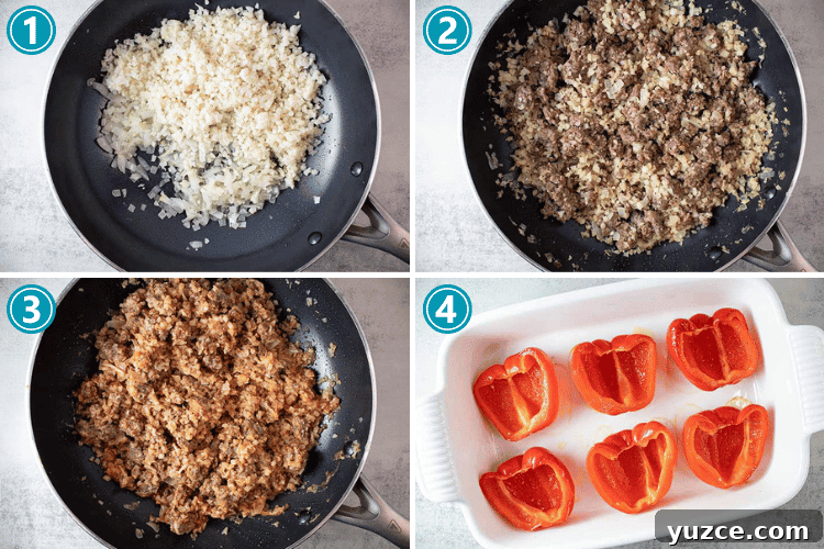 overhead view of the first four steps showing how to make stuffed sausage peppers
