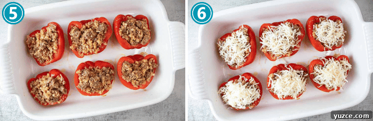 steps five and six showing how to make sausage stuffed peppers