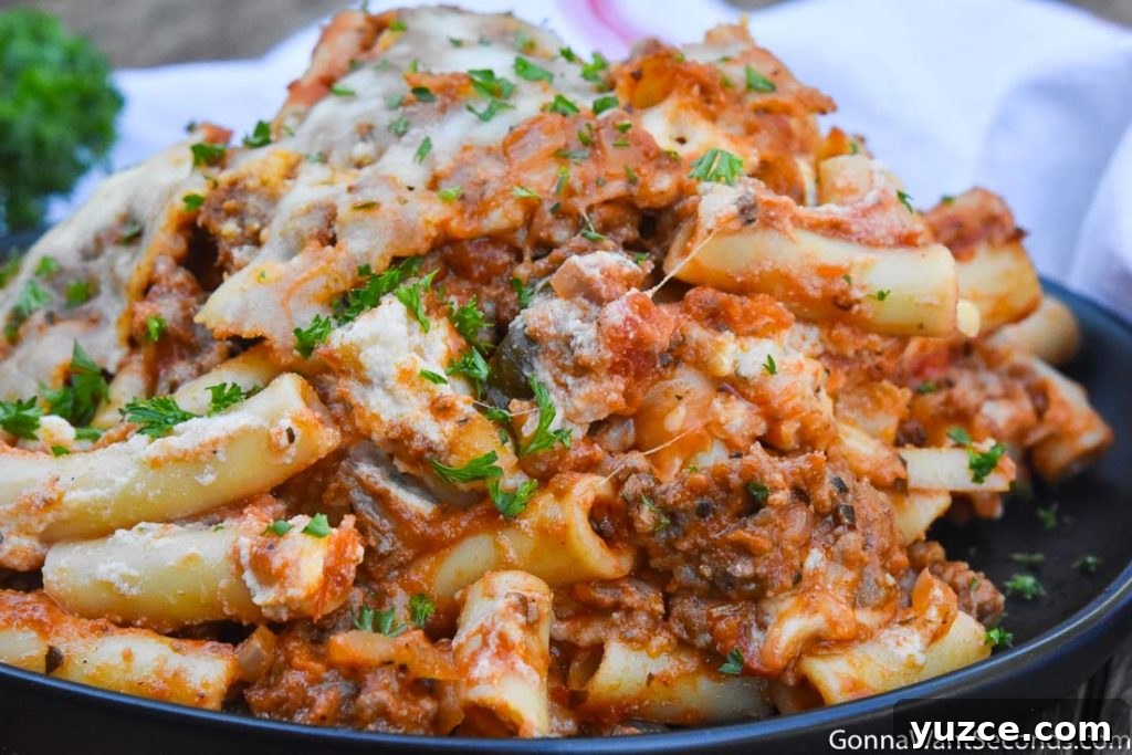 Tour the flavors of Italy with a ziti pasta recipe featuring plenty of creamy melted cheese, perfectly cooked ziti pasta and lots of fragrant herbs. #ZitiPasta #ZitiPastaRecipes baked ziti with meat in a plate