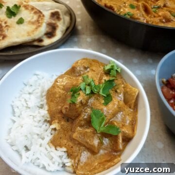 A serving of butter chicken on rice in a white dish.