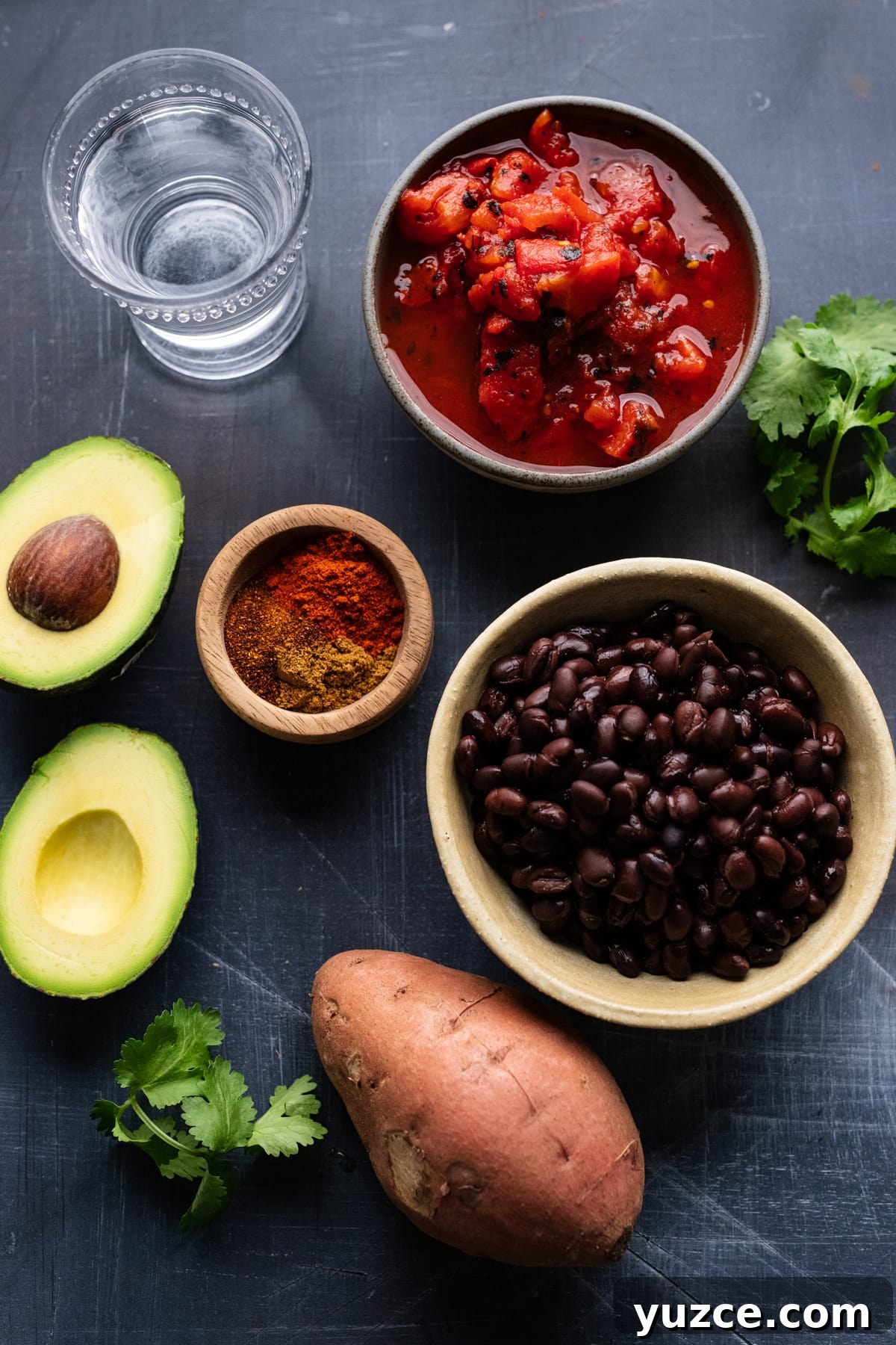 Hearty Sweet Potato and Black Bean Chili Recipe 3 Ingredients for sweet potato black bean chili arranged on a gray background.