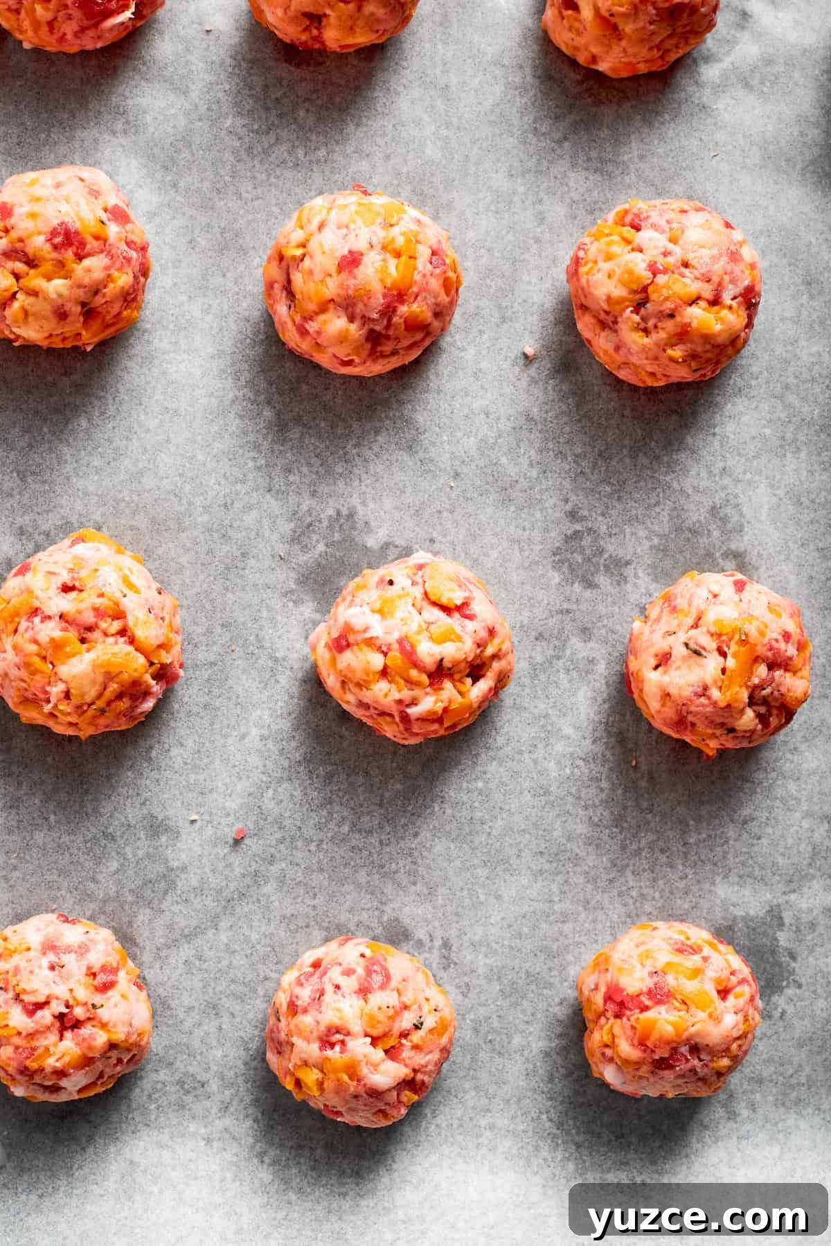 Sausage balls on a line baking tray.