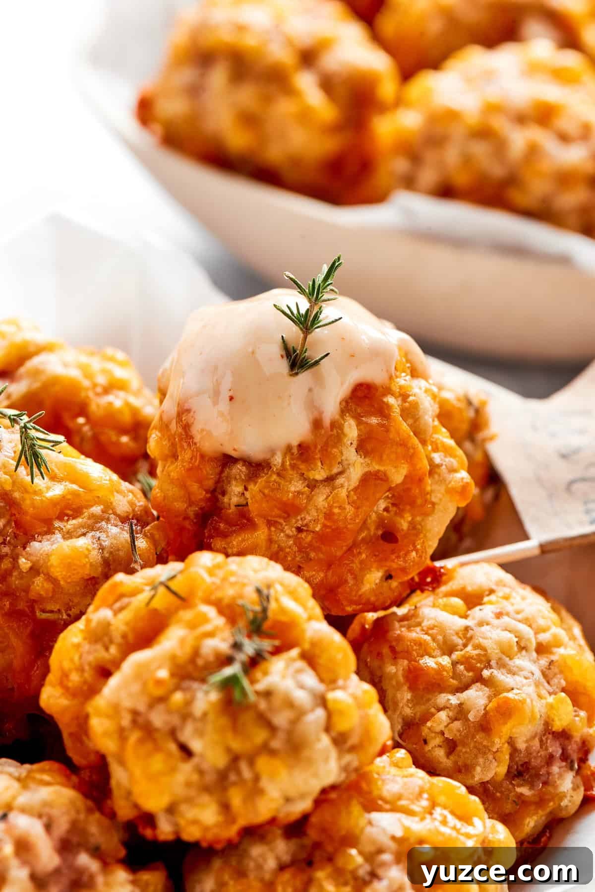 Dipping sauce tops a sausage ball.