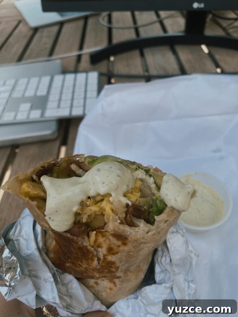 Skier’s Breakfast Burrito — Beaumont Bakery Breakfast Sandwich 4 Breakfast burrito with sauce