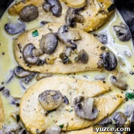 Slow Cooker Creamy Chicken Marsala Recipe 6 Chicken breasts with mushrooms in a creamy sauce, garnished with herbs, cooked to perfection for an easy low carb slow cooker creamy chicken marsala.