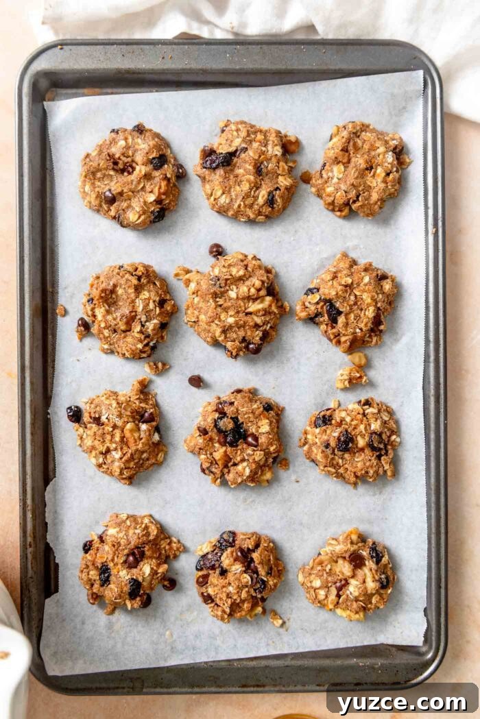 Cranberry Orange Oatmeal Cookies (Vegan Recipe) 7 12 cranberry orange oatmeal cookies on a baking sheet lined with parchment paper.