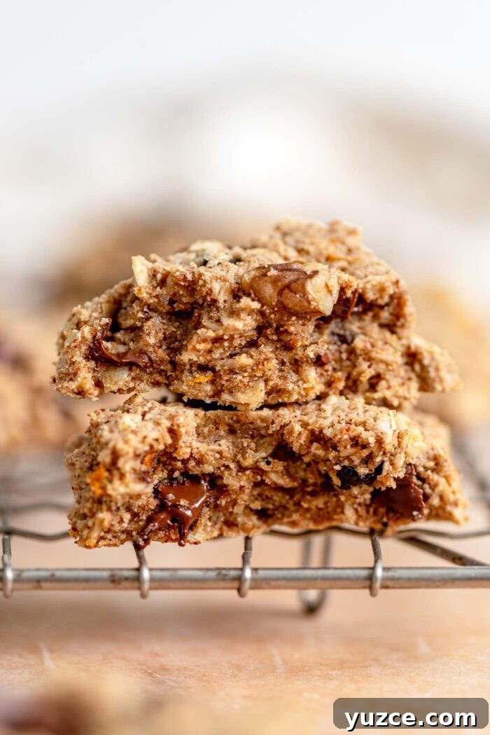 Cranberry Orange Oatmeal Cookies (Vegan Recipe) 9 Two halves of a cranberry chocolate chip oatmeal cookie stacked on top of each other so you can see the inside texture of the cookie.