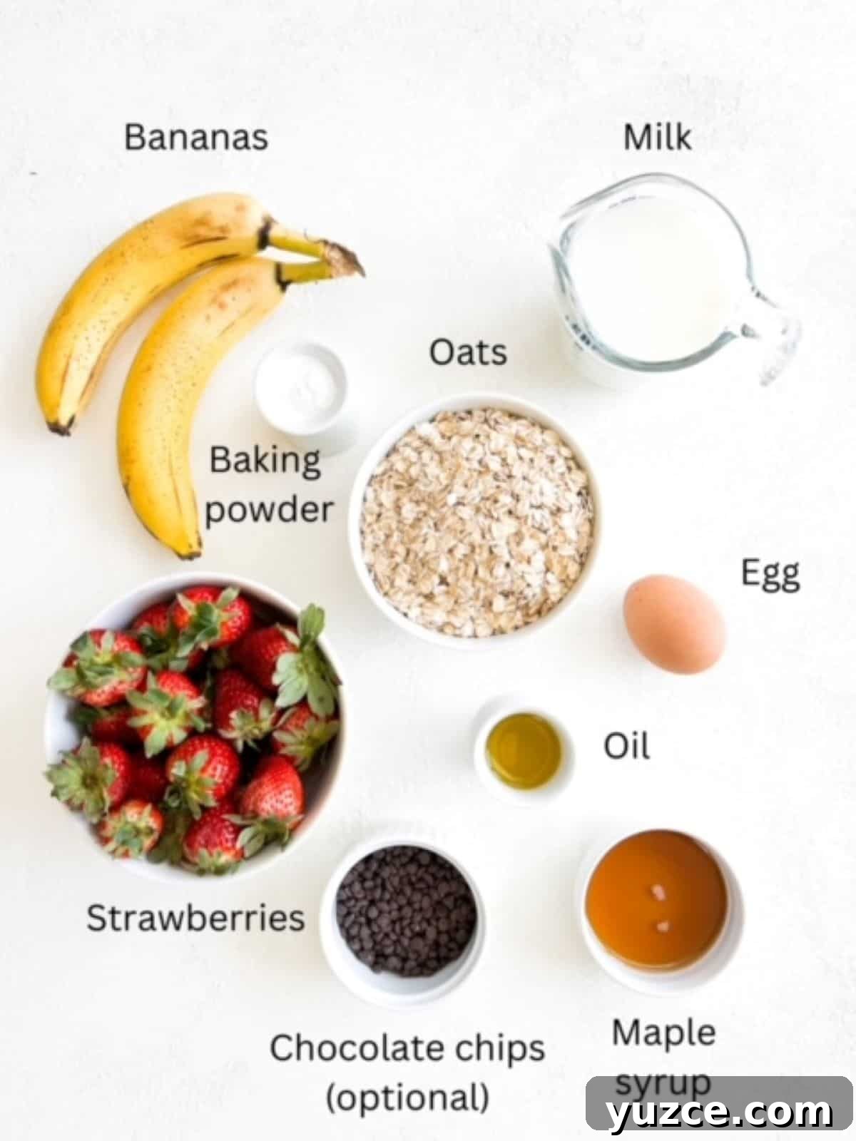 Ingredients for banana baked oatmeal. Each ingredient is labeled.