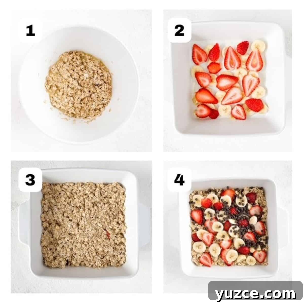Four process shots showing steps to make banana baked oatmeal with strawberries and topped with chocolate chips.
