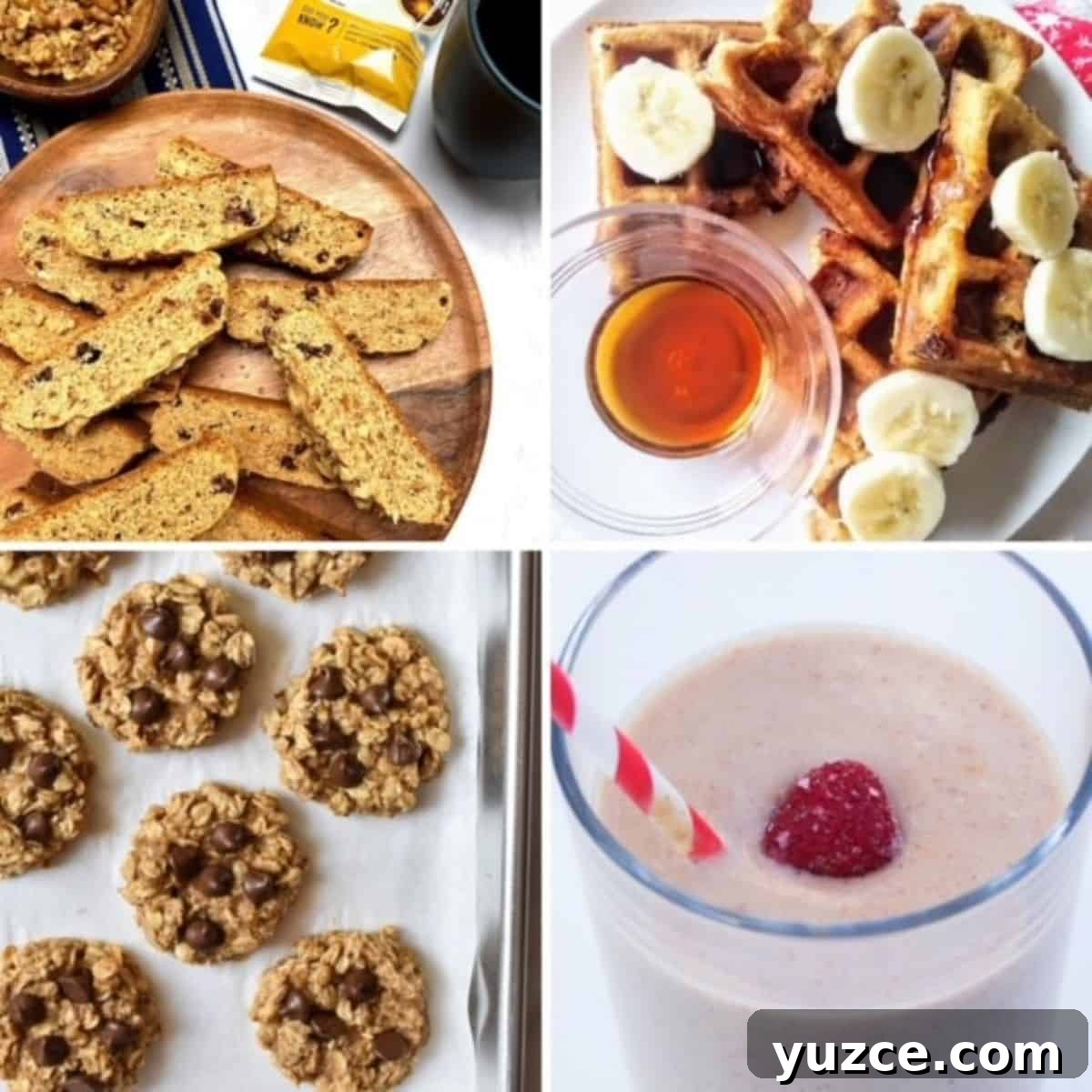 Selection of banana recipes and a strawberry banana smoothie.