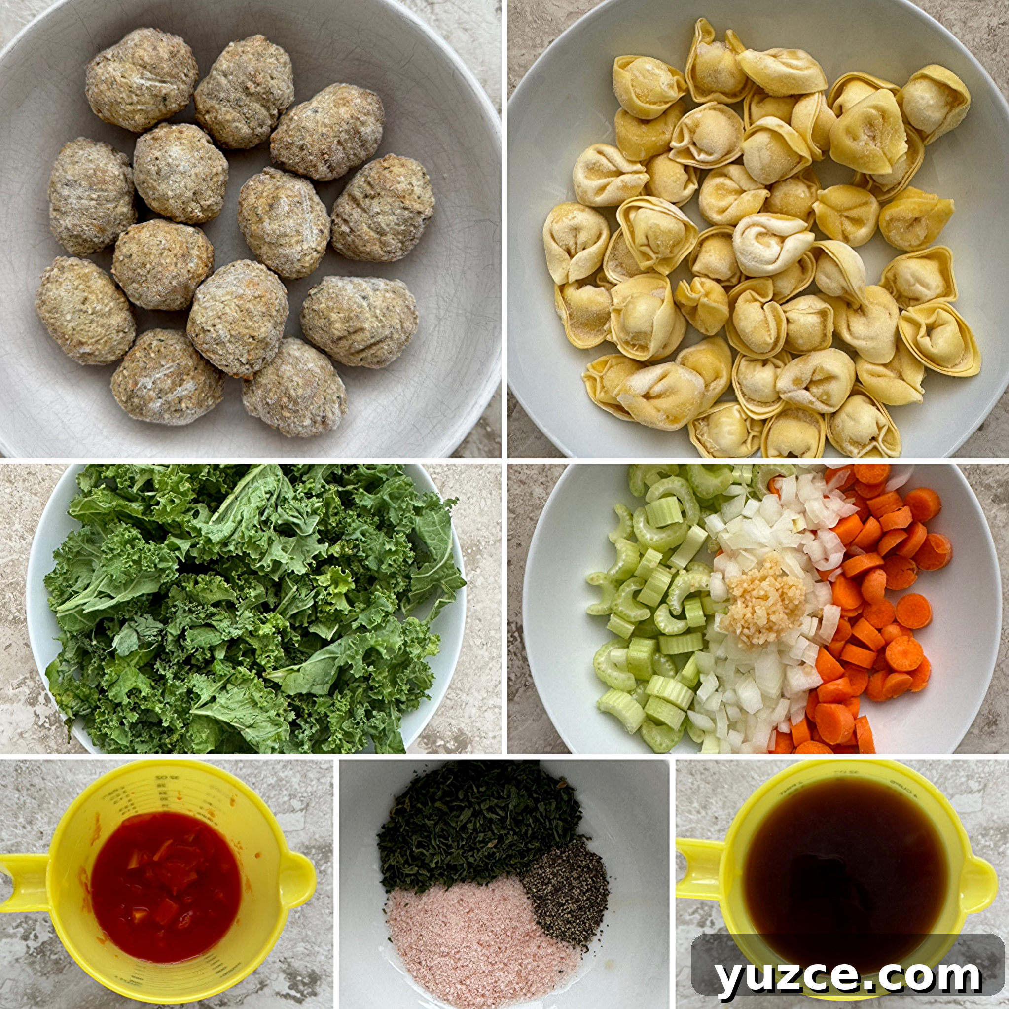 Slow Cooker Italian Meatball Tortellini Soup Recipe 3 collage of ingredients for Slow Cooker Meatball Tortellini Soup
