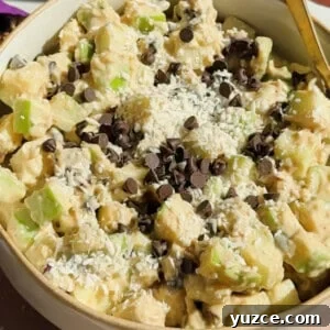 Caramel deLites Apple Salad in a Jar — Layered Dessert Salad Recipe 5 A bowl of chopped apples mixed with creamy sauce, topped with shredded coconut and chocolate chips, with a spoon on the side.