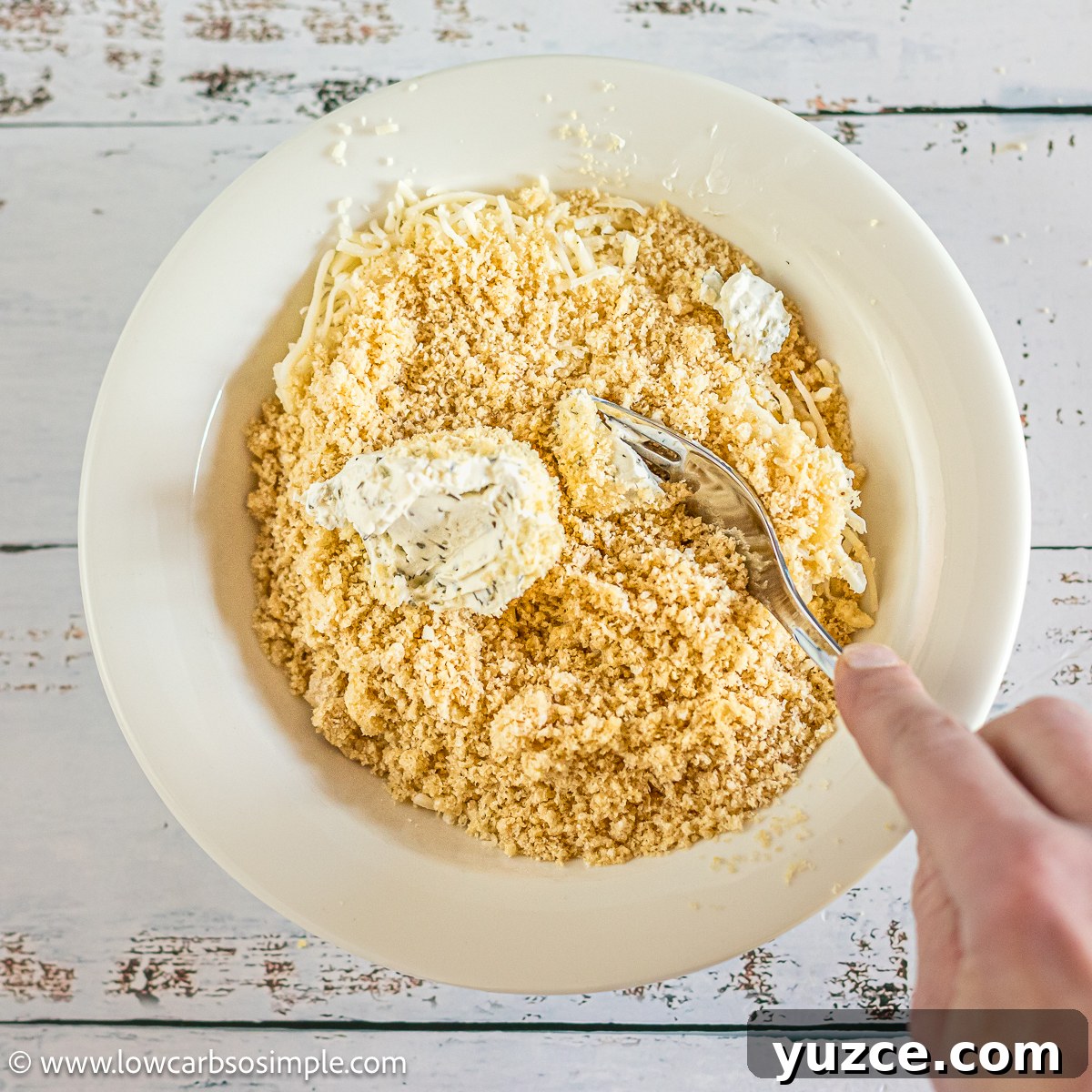 Carnivore Keto Mozzarella Flatbread Recipe for Low-Carb Diets 7 Mixing the Ingredients with a Fork | Low-Carb, So Simple