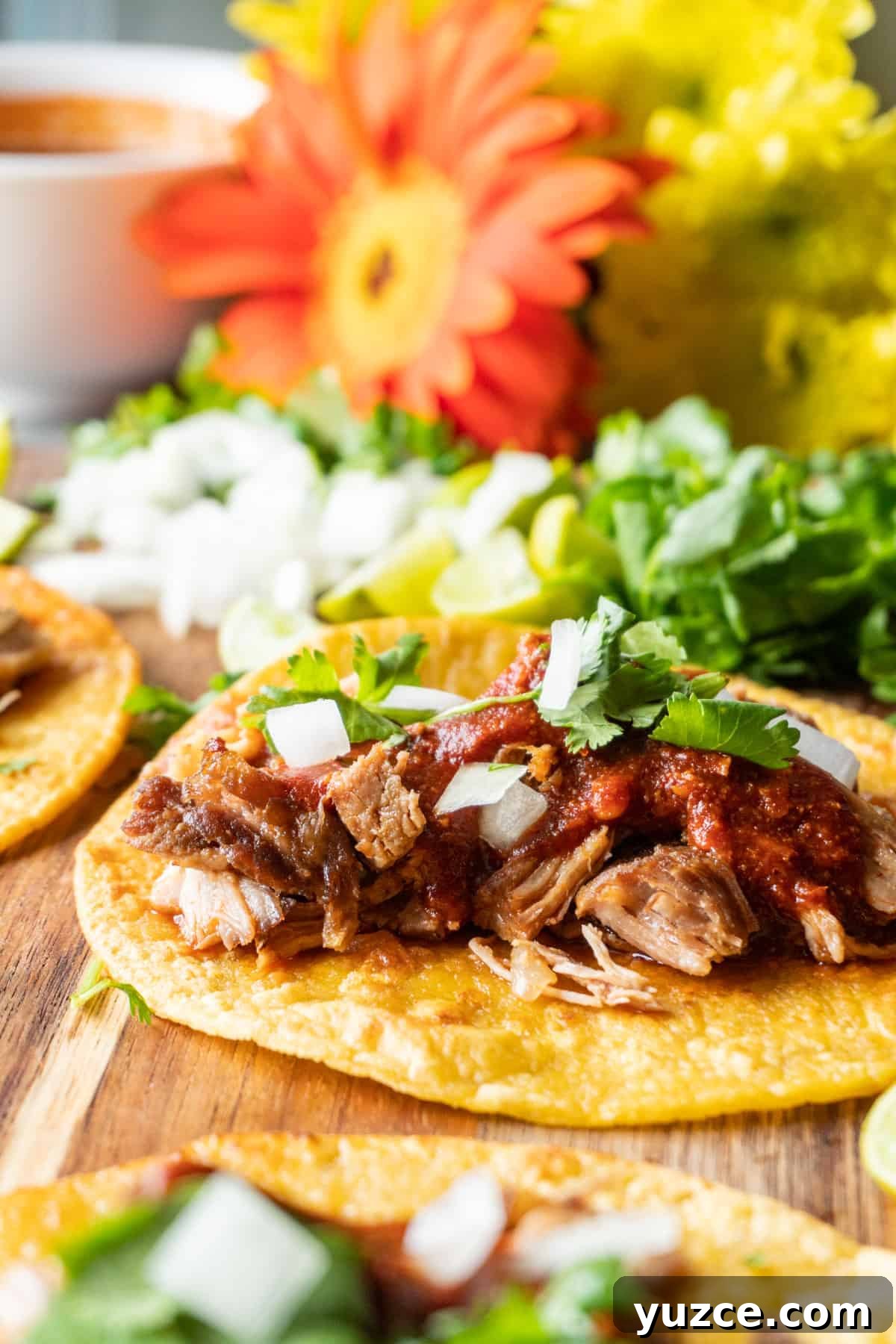 Authentic Pork Carnitas Street Tacos Recipe 11 Carnitas Taco lying Open-faced, topped with red chile sauce, onion, and cilantro, on a wooden cutting board.