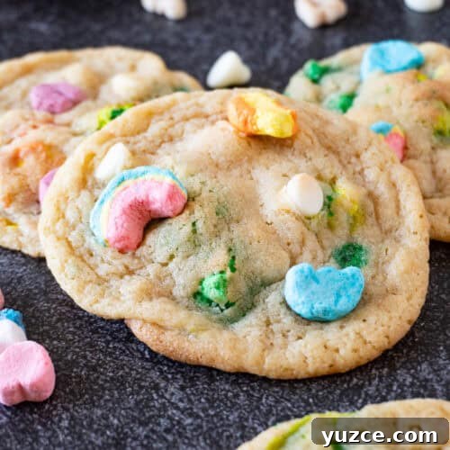 Lucky charms cookie with marshmallows pressed on top.
