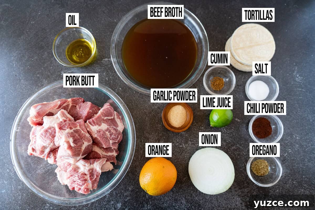 Authentic Pork Carnitas Street Tacos Recipe 4 pork carnitas ingredients in individual bowls and labeled.