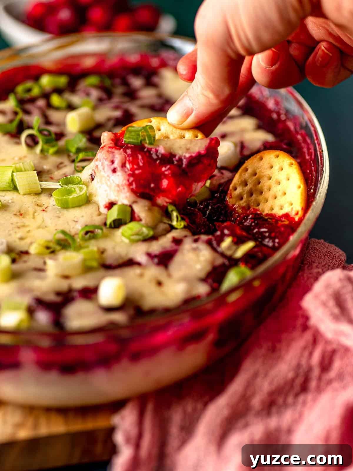 Cranberry Jalapeño Cream Cheese Dip Recipe for Holiday Parties 10 A hand dipping a cracker into cranberry dip.