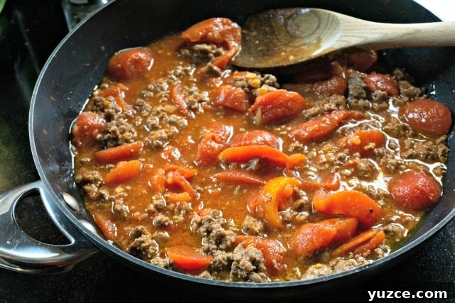 ground beef and tomatoes in a pan