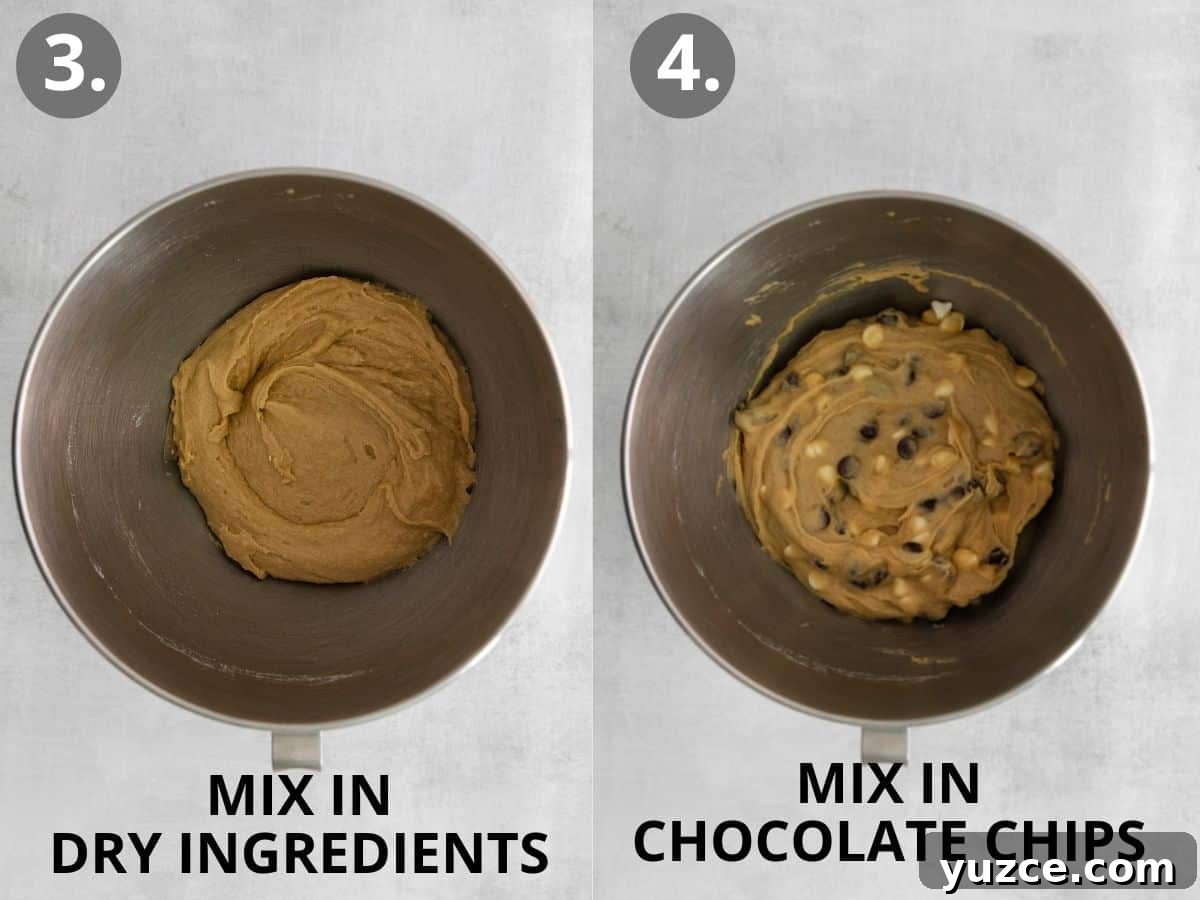 Gluten-Free Blondies Recipe: Chewy Vanilla Brownies 5 A mixing bowl with dry ingredients for blondies mixed in, and a bowl with blondie ingredients and chocolate chips mixed in