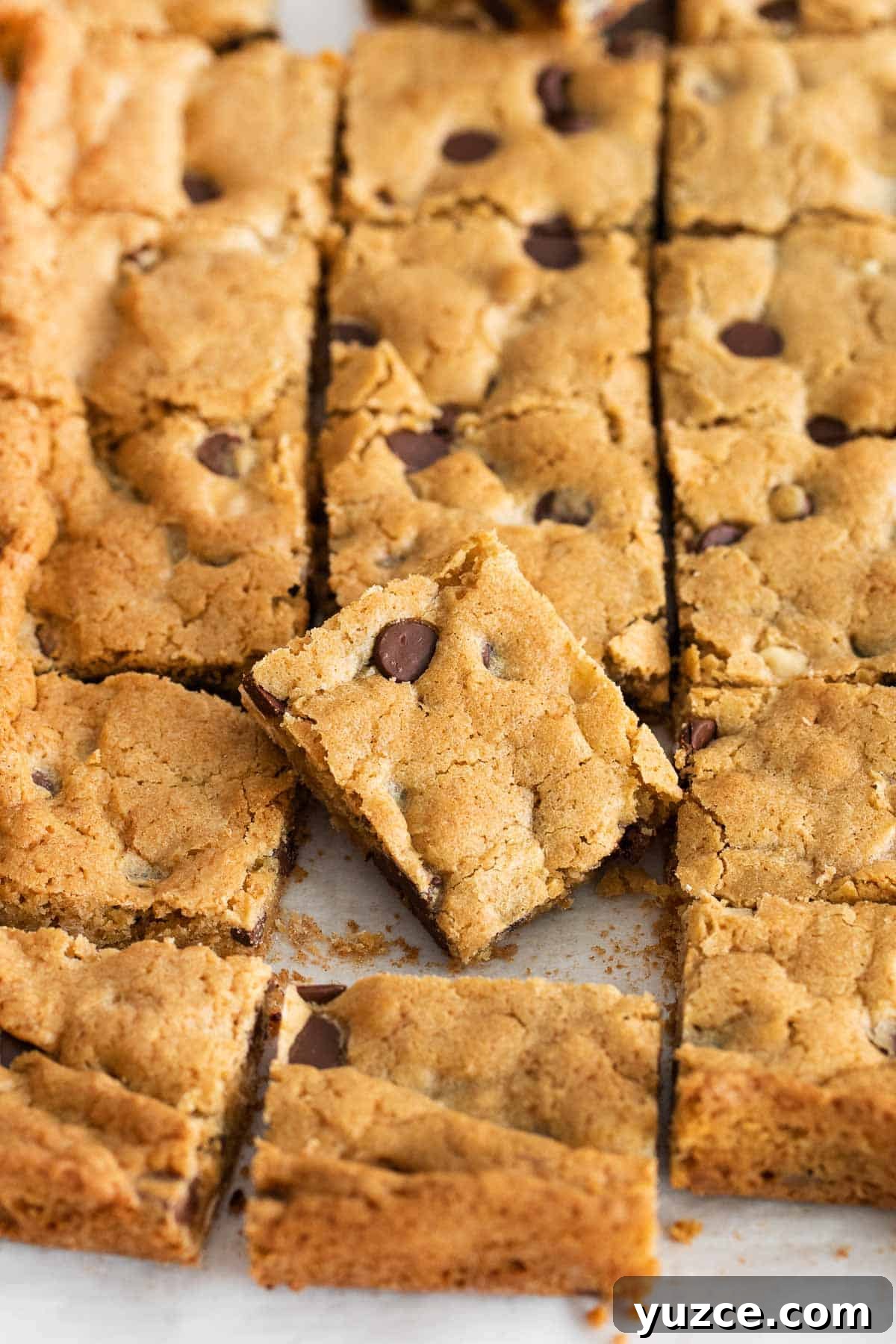 Gluten-Free Blondies Recipe: Chewy Vanilla Brownies 7 A close up of blondies sliced in a sheet pan, with one piece placed on top of the others