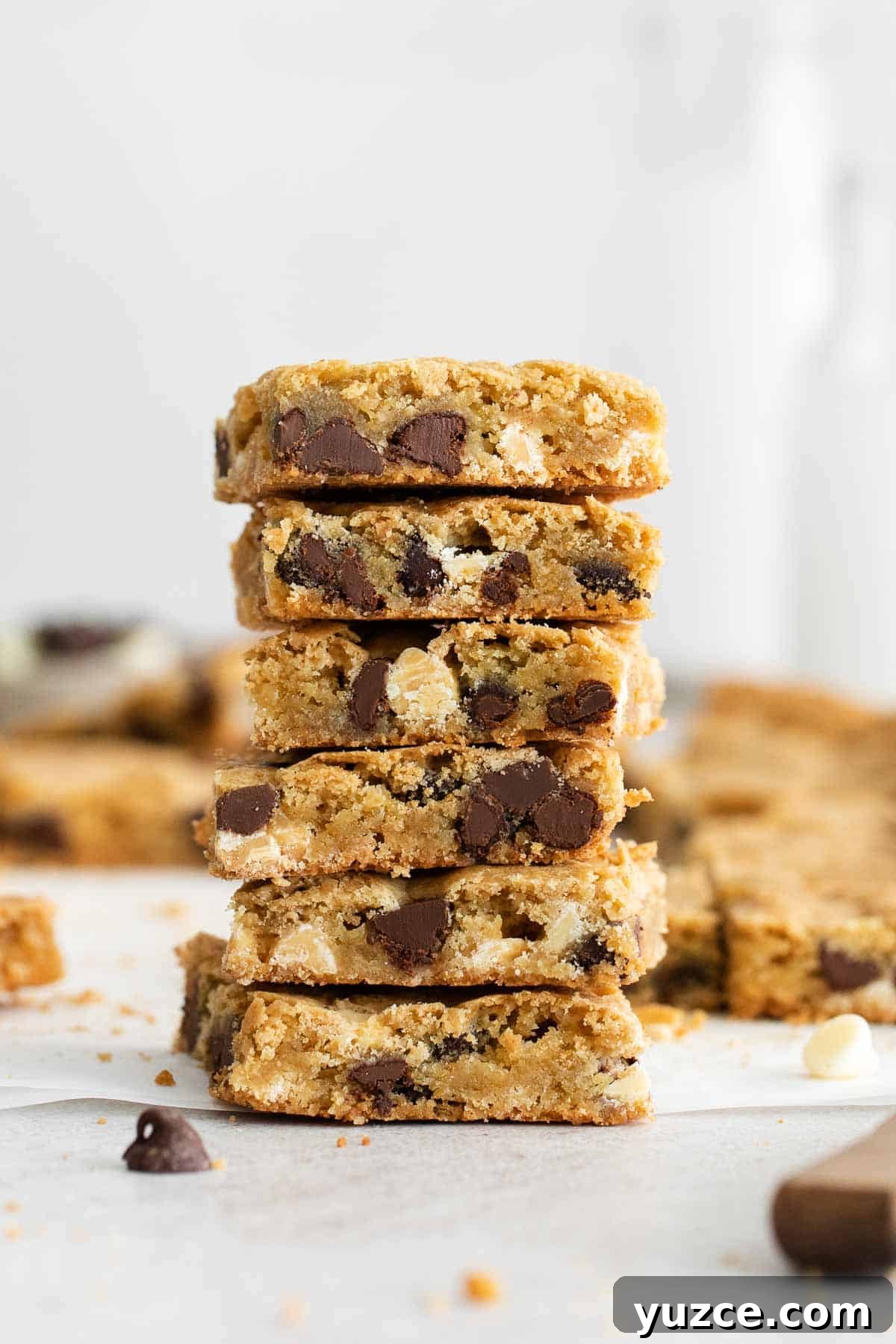 Gluten-Free Blondies Recipe: Chewy Vanilla Brownies 8 A stack of gluten-free blondies on a counter top