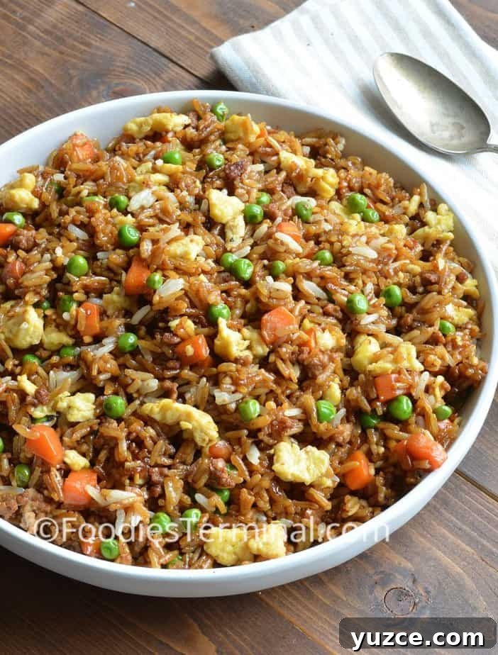 Authentic Chinese Pork Fried Rice Recipe for Perfect Takeout Flavor 2 Chinese pork fried rice in a white plate with a napkin and spoon beside it