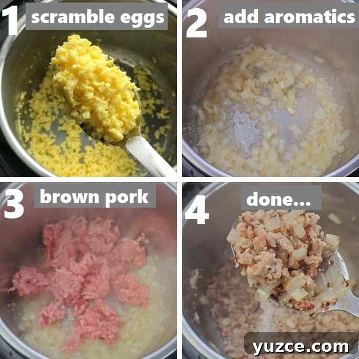 Authentic Chinese Pork Fried Rice Recipe for Perfect Takeout Flavor 5 browning ground pork and scrambling eggs