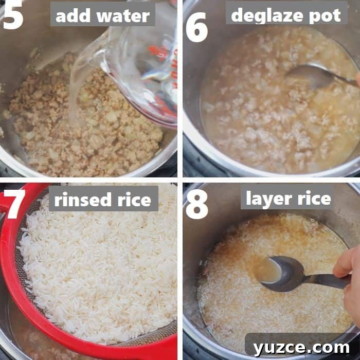 Authentic Chinese Pork Fried Rice Recipe for Perfect Takeout Flavor 6 deglazing pot and layering rinsed rice on top of the browned meat