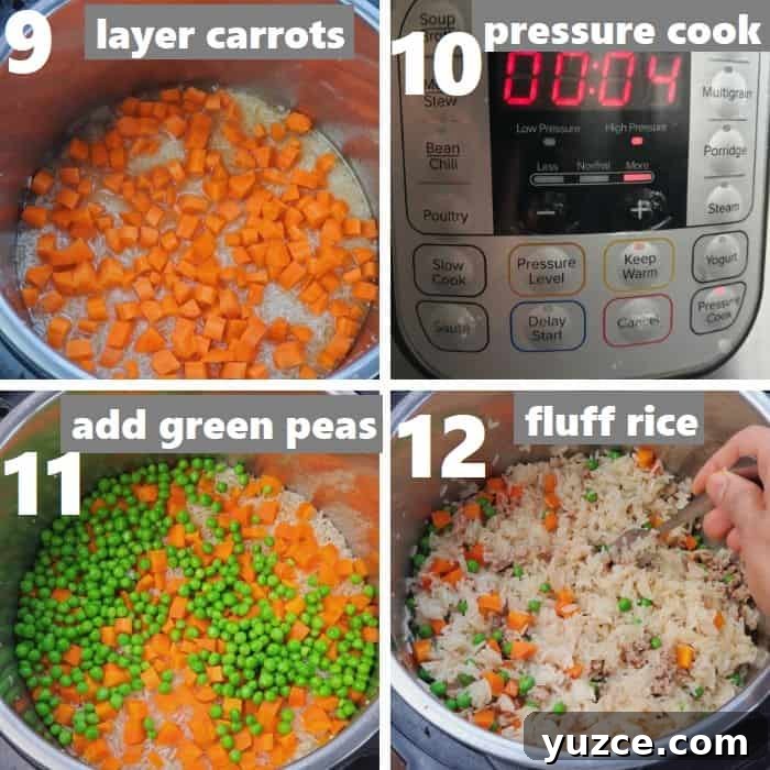 Authentic Chinese Pork Fried Rice Recipe for Perfect Takeout Flavor 7 pressure cooking ground pork fried rice and fluffing the cooked rice with a fork
