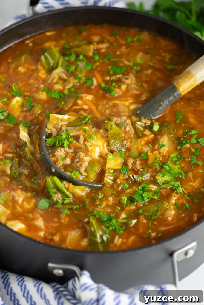 Hearty Cabbage Roll Soup Recipe for Comforting Weeknight Meals 2 Overhead view of a pot of cabbage roll soup topped with fresh parsley with a silicone ladle in the center. A linen napkin is in front of the pot and a bunch of parsley is behind.